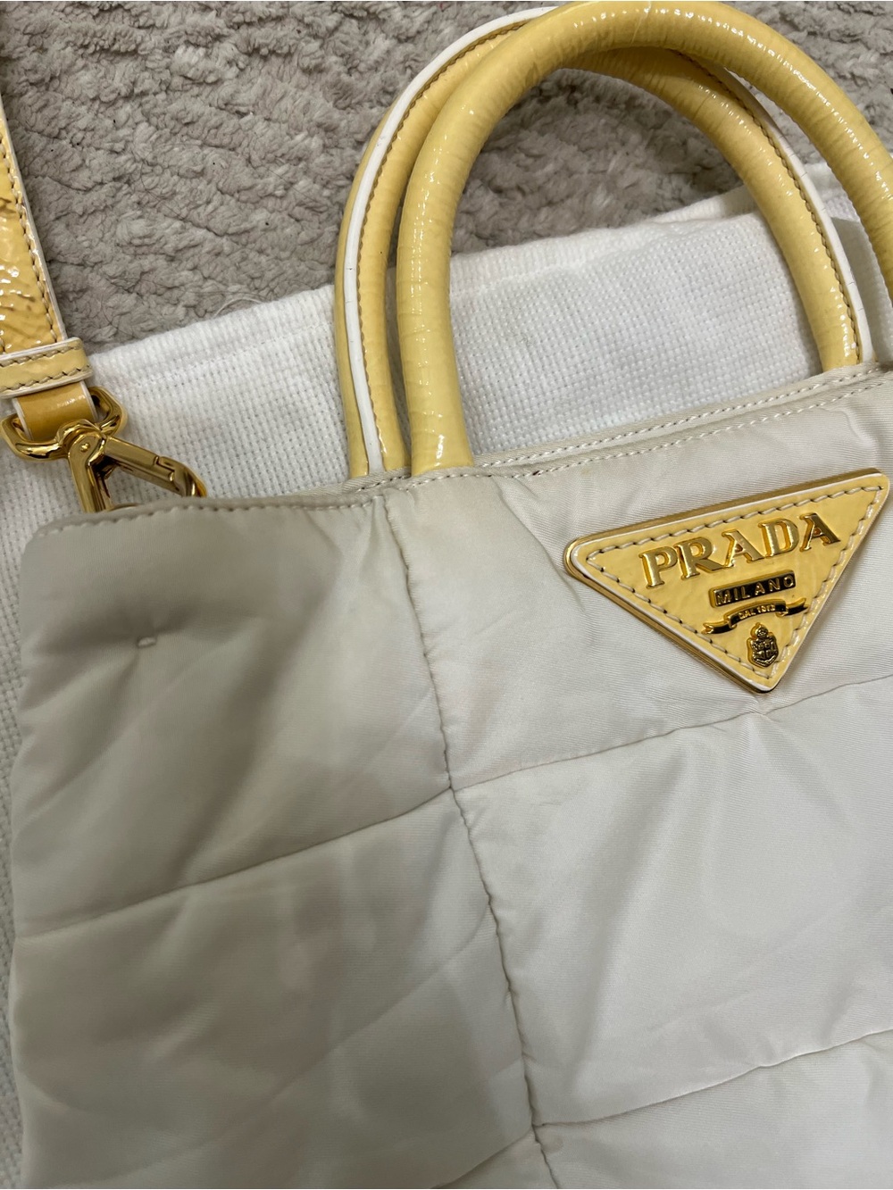 Prada Cream Quilted Tote with Yellow Trim and Gold Hardware - Picture 3 of 8